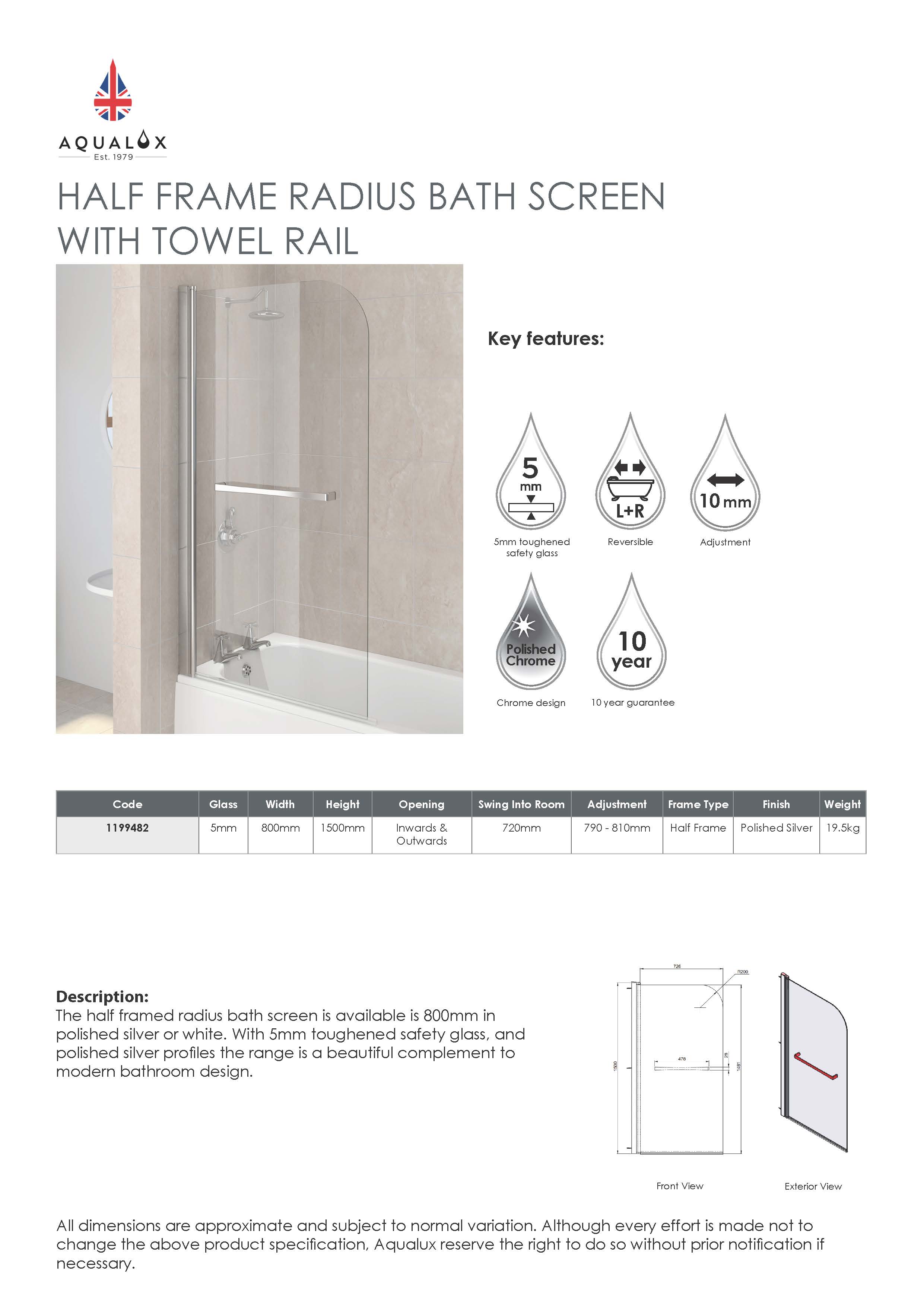 Aqualux AQUA 5 Radius Bath Screen with towel rail 800mm x 1500mm x 5mm